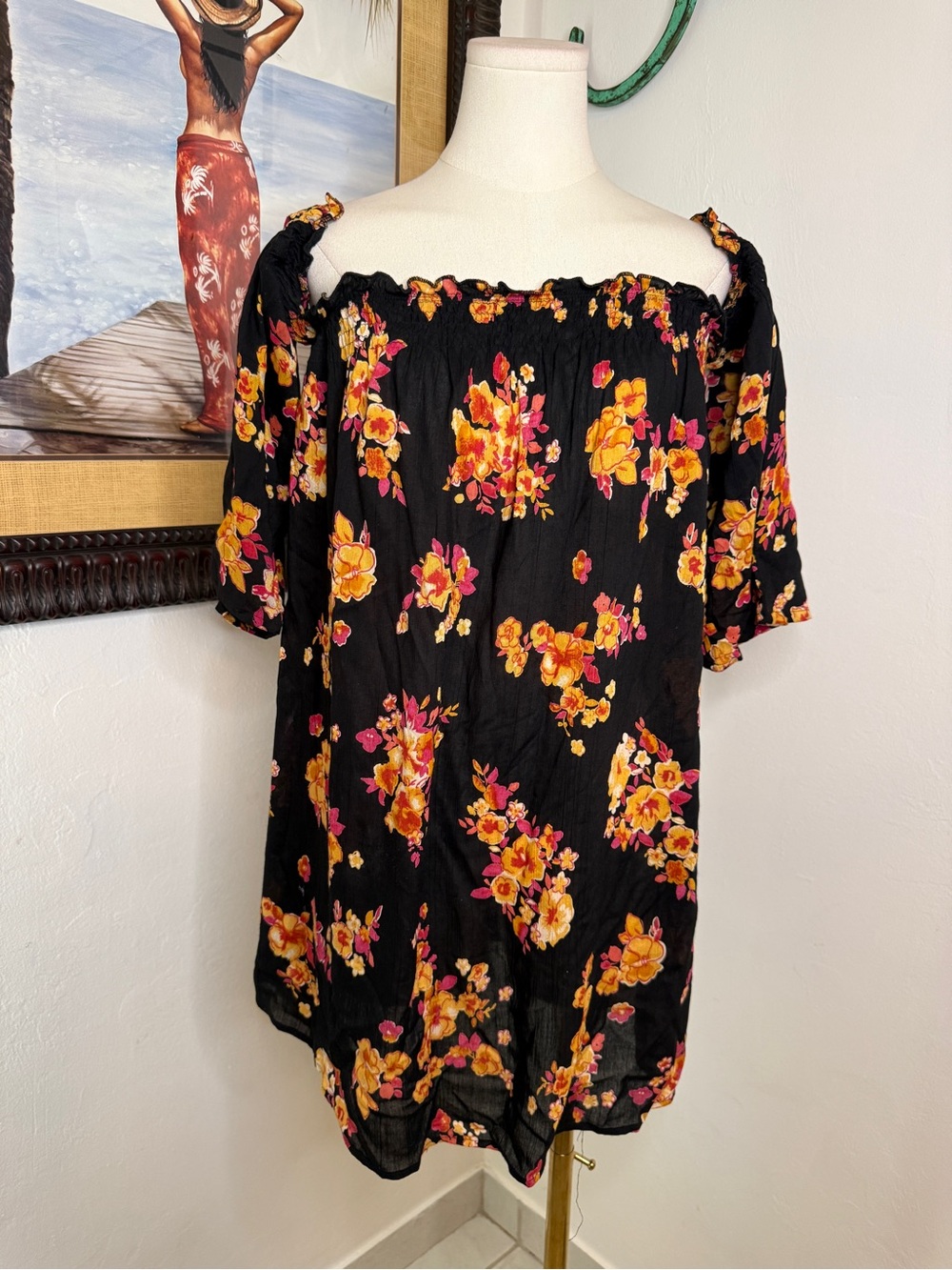 Angie Black Off-Shoulder Mini Dress with Orange, Yellow & Pink Floral Print
